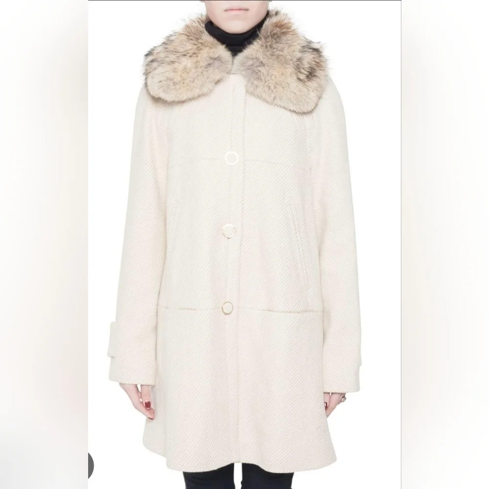 Tory Burch Cream Lurex Insert Fur Collar Detail Ivan Long Coat Size S NWT
